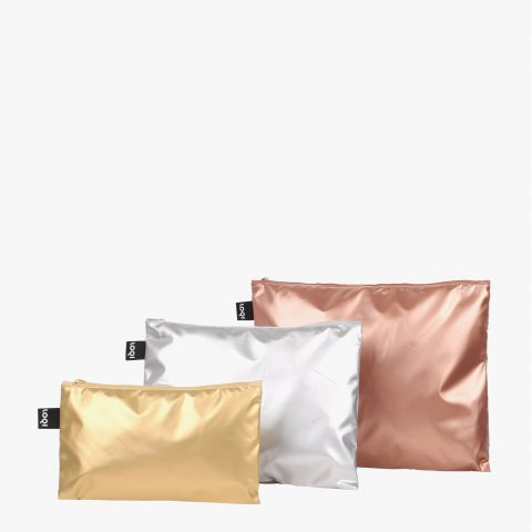 Loqi Reißverschlussbeutel Zip Pockets metallic 3 Größen, gold/silber/rose gold matt