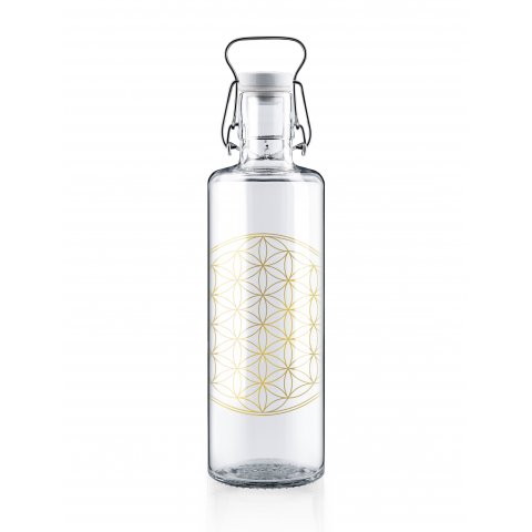 Soulbottle drinking bottle with carrier handle, glass 1 l, swing-top cap, Flower of Life