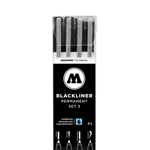 Molotow Blackliner Permanente, set de 4 Set 3, varias puntas de caligrafía, negro