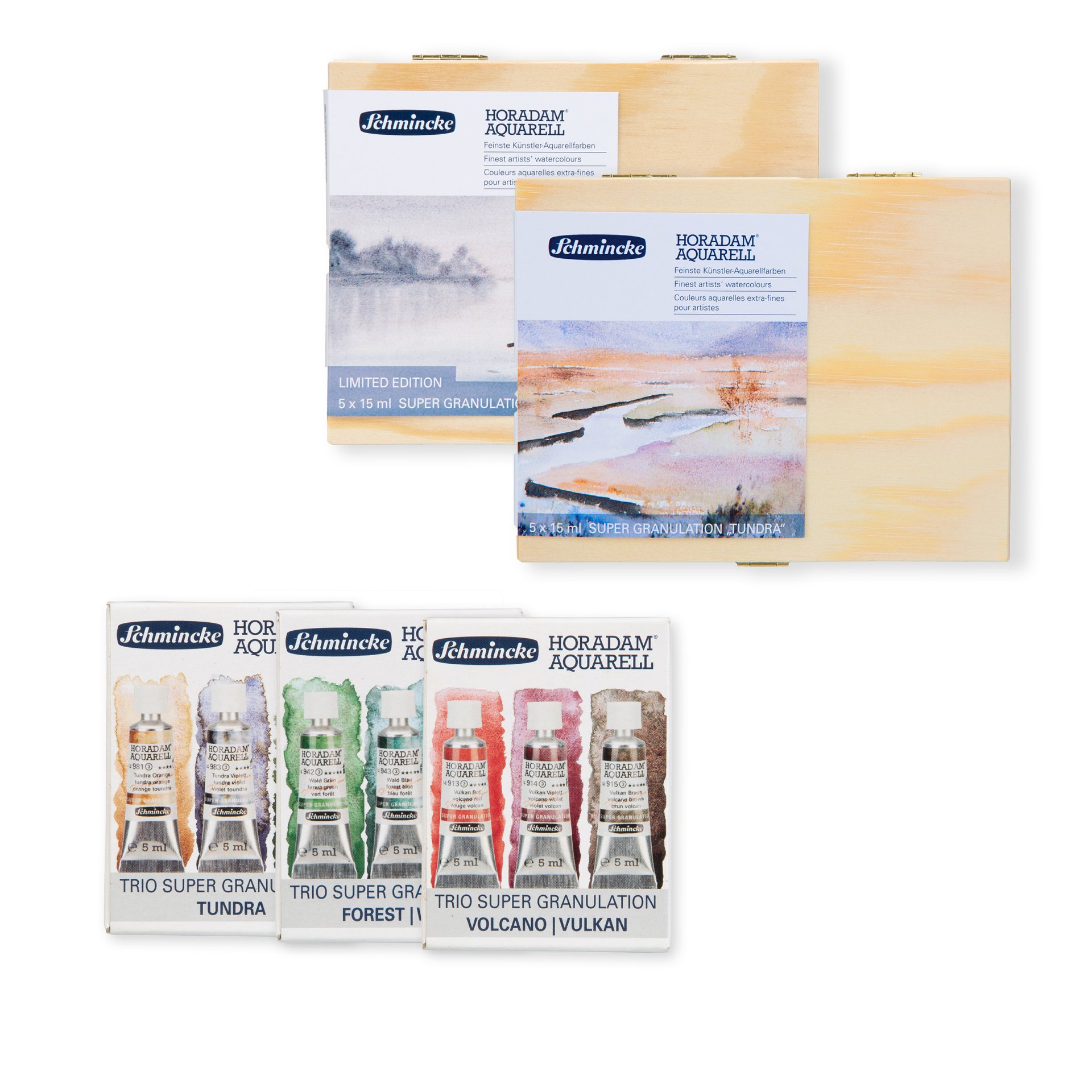 Schmincke - HORADAM® AQUARELL, Super Granulation Set Volcan, 5 tubes en 15 ml, 74 868 097, coffret en bois, nuances très fortement granulantes, aquarelles extra-fines, super-granulantes
