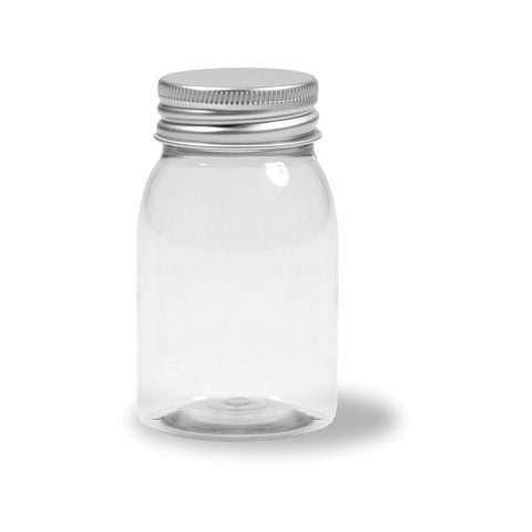 Plastic containers, transparent, with alu screw top 100 ml, h = 82 mm, ø 49 mm, ø 38 mm