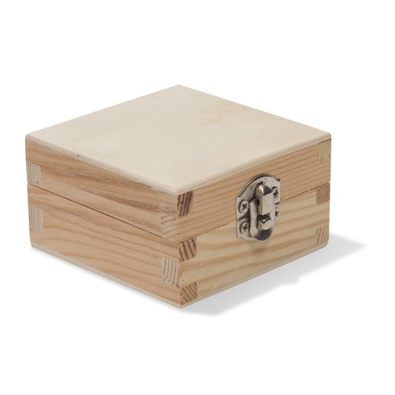 Wooden box, square, hinged lid with fastener