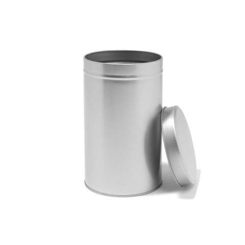 Tin container, round, silver lid with bevel, ø 107, h=172