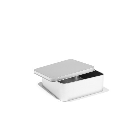 Tin container, square, silver lid without hinge, without fillet, 150 x 150 x 54