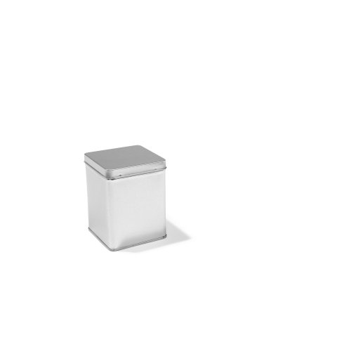 Tin container, square, silver lid with hinge, without fillet, 75 x 75 x 95