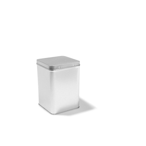 Tin container, square, silver lid with hinge, without fillet, 102 x 102 x 146