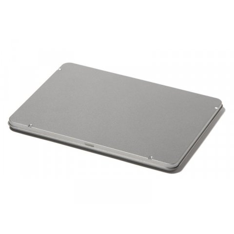Rectangular tinplate container, silver lid with hinge, 220 x 158 x 12, for app. A5