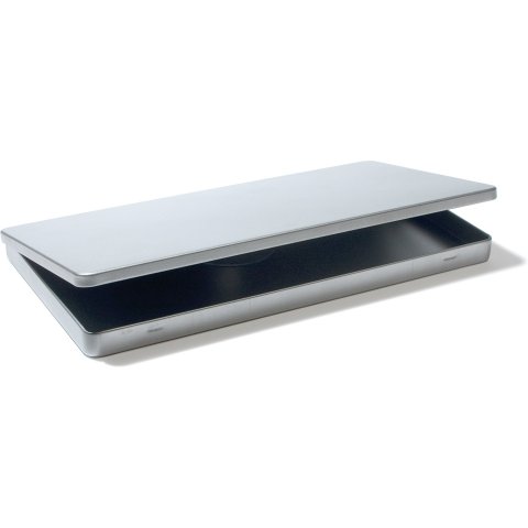 Rectangular tinplate container, silver lid with hinge, 230x120x13, for app. DIN long (DL)