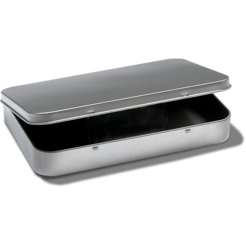 Rectangular tinplate container, silver lid with hinge, 165 x 115 x 25, for app. A6
