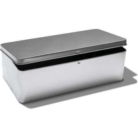 Caja de hojalata, rectangular, plateada Tapa con bisagra, 261 x 135 x 76, caja con pernos