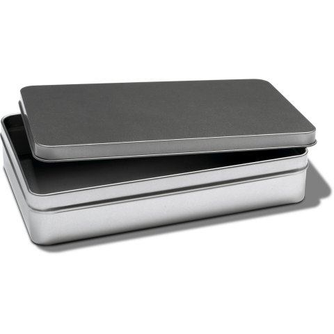 Rectangular tinplate container, silver lid without hinge, without fillet, 216 x 133 x 42