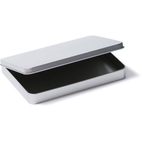 Rectangular tinplate container, silver lid with hinge, 220 x 160 x 25, for app. A5, tall