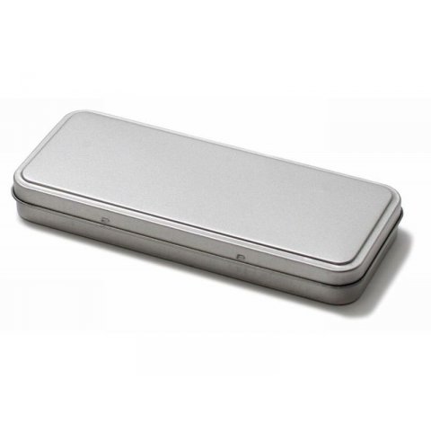 Rectangular tinplate container, silver lid with hinge, 181 x 76 x 22, pen box