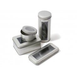 Tin container, silver, with film window