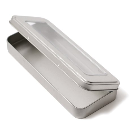Tin container, silver, with film window rectangular, 181 x 76 x 22, pen box with hinge