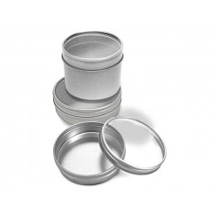 Tin container, silver, with plastic window