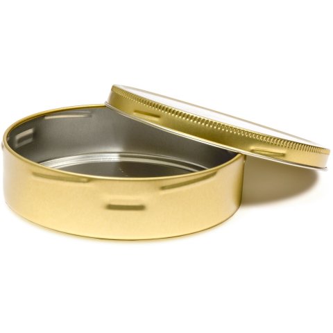 Round tin with sealed screw lid ø 103 mm, h = 26 mm, gold/silver