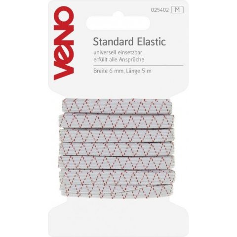 Rubber band, standard th = ca. 0,7 mm, w = 6 mm, 5 m, PES/Latex, white