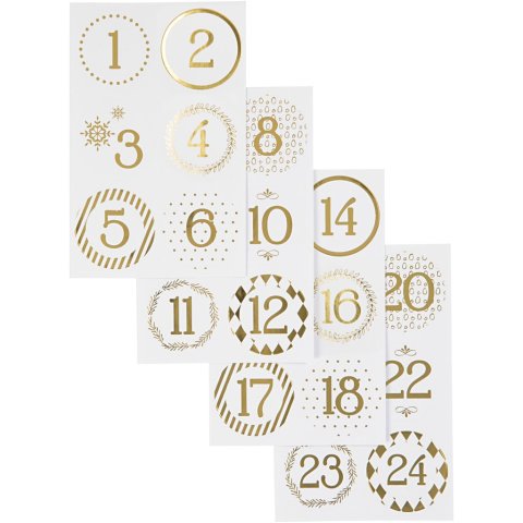 Vivi Gade Adventskalenderzahlen Sticker Set 1-24, ø = 40 mm, gold/weiß gemustert