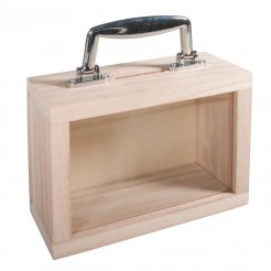Holzkoffer mit Sichtfenster und Metallgriff