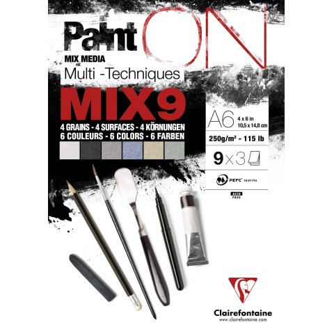 Clairefontaine Mixed Media Block Paint'ON Mix 9 250g/m², 105x148, A6, 4 grains/6 colors, 27 sheets.