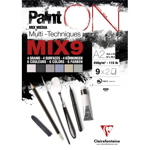 Clairefontaine Mixed Media Block Paint'ON Mix 9 250g/m², 420x594, A2, 4 Körnungen/6 Farben, 18 Bl.