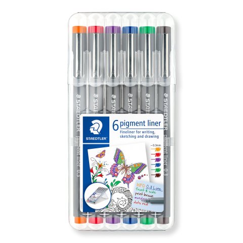 Staedtler Pigment Liner, Set 6 Stifte, 0,3 mm, farbig sortiert