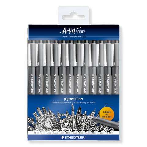 Staedtler Pigment Liner, Set 12 Stifte, diverse Strichstärken, schwarz