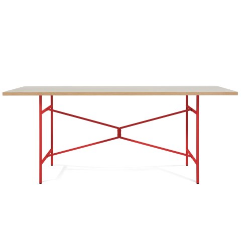 Modulor tavolo X, rosso puro opaco Linoleum grigio chiaro, bordo in rovere, 27x900x1800 mm