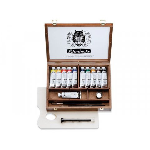 Schmincke Pintura al Óleo Norma Professional, Estuche 11 tubos de 35 ml + accesorios en caja de madera oscura