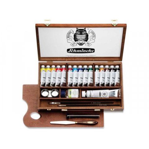 Schmincke Vernice ad olio Norma Professional, Set 15 tubi da 35 ml + accessori in scatola di legno scuro