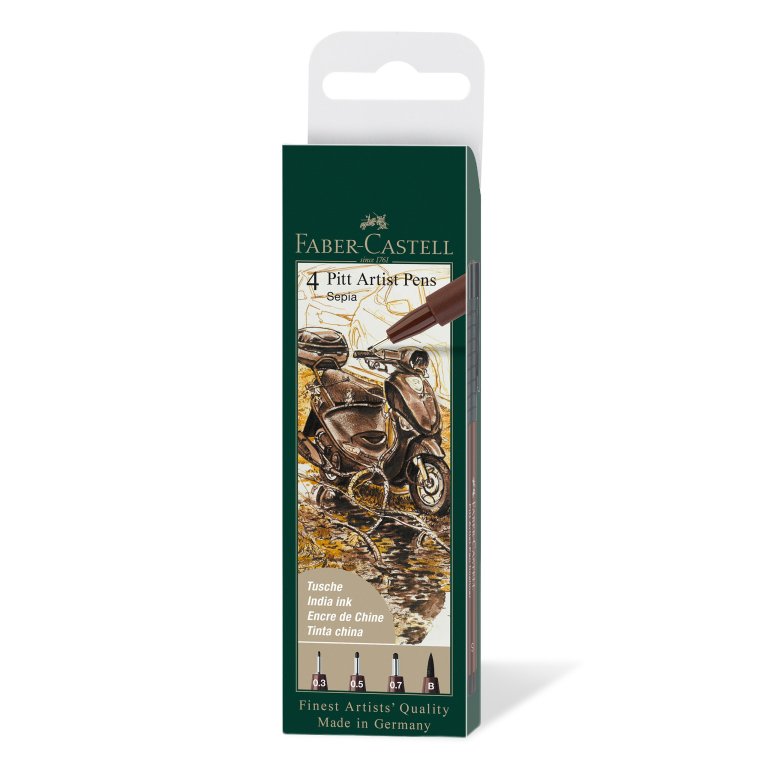 Faber-Castell Pitt Artist Pen Sets – 4er Set Schwarz/Weiß & 4er Set Sepia, Tuschehaltig